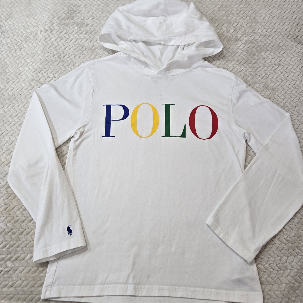 Polo Ralph Lauren Shirt Boys Large 14-16 White Hooded Long Sleeve Spell Out